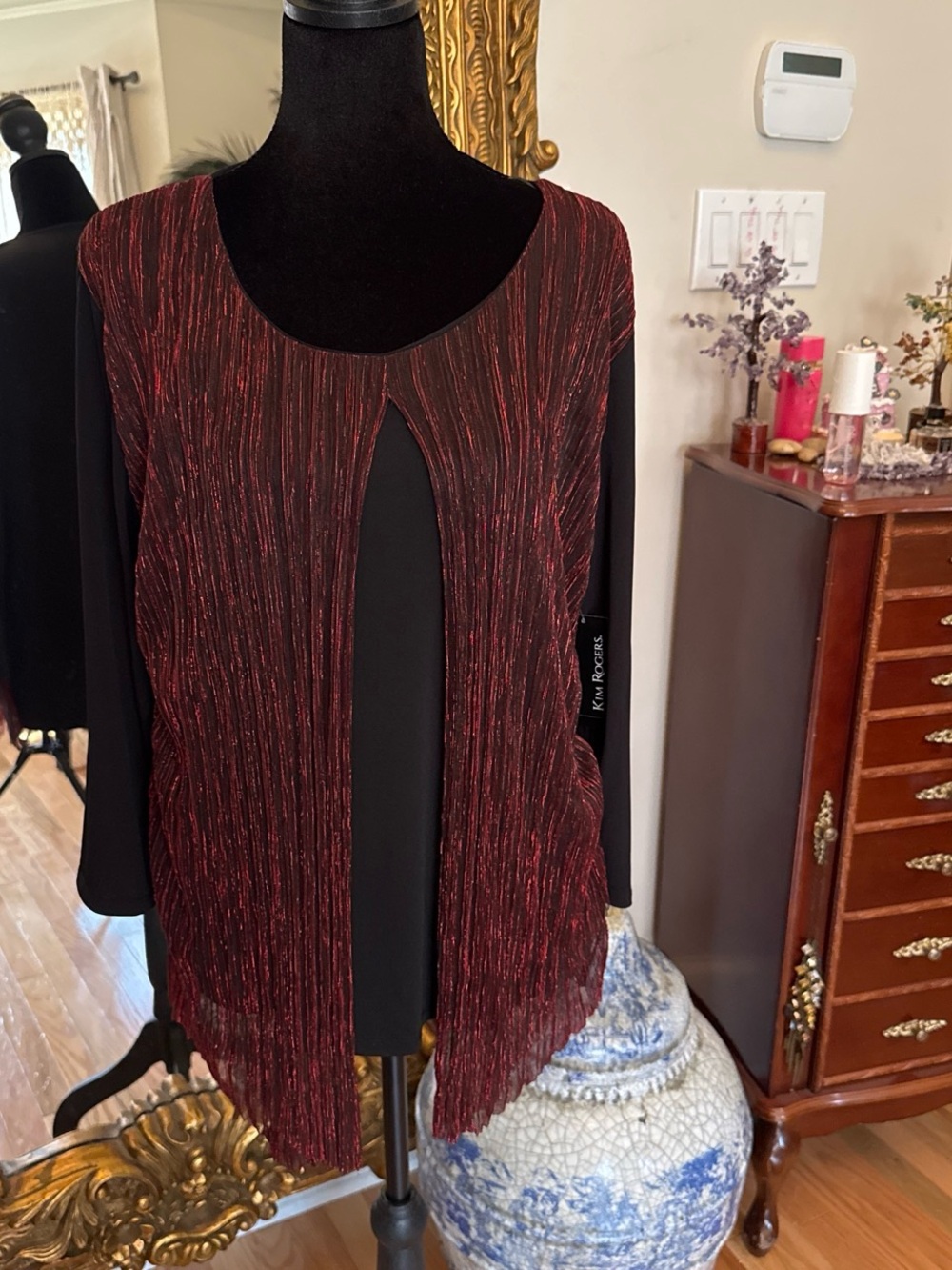 Kim Rogers Metallic Red Open-Front Layered Tunic